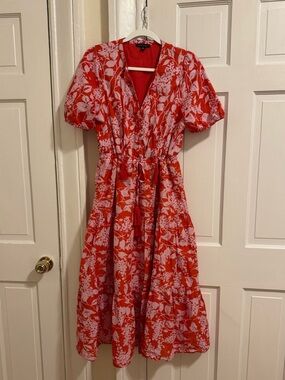 Saks Fifth Avenue Floral Tiered Midi Dress Red Pink Puff Sleeve M